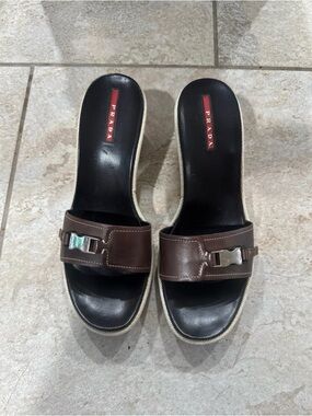 Prada Buckle Wedge Slides Sandals Size 39 8 1/2